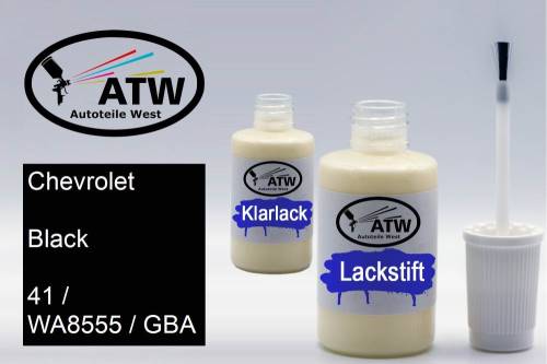 Chevrolet, Black, 41 / WA8555 / GBA: 20ml Lackstift + 20ml Klarlack - Set, von ATW Autoteile West.